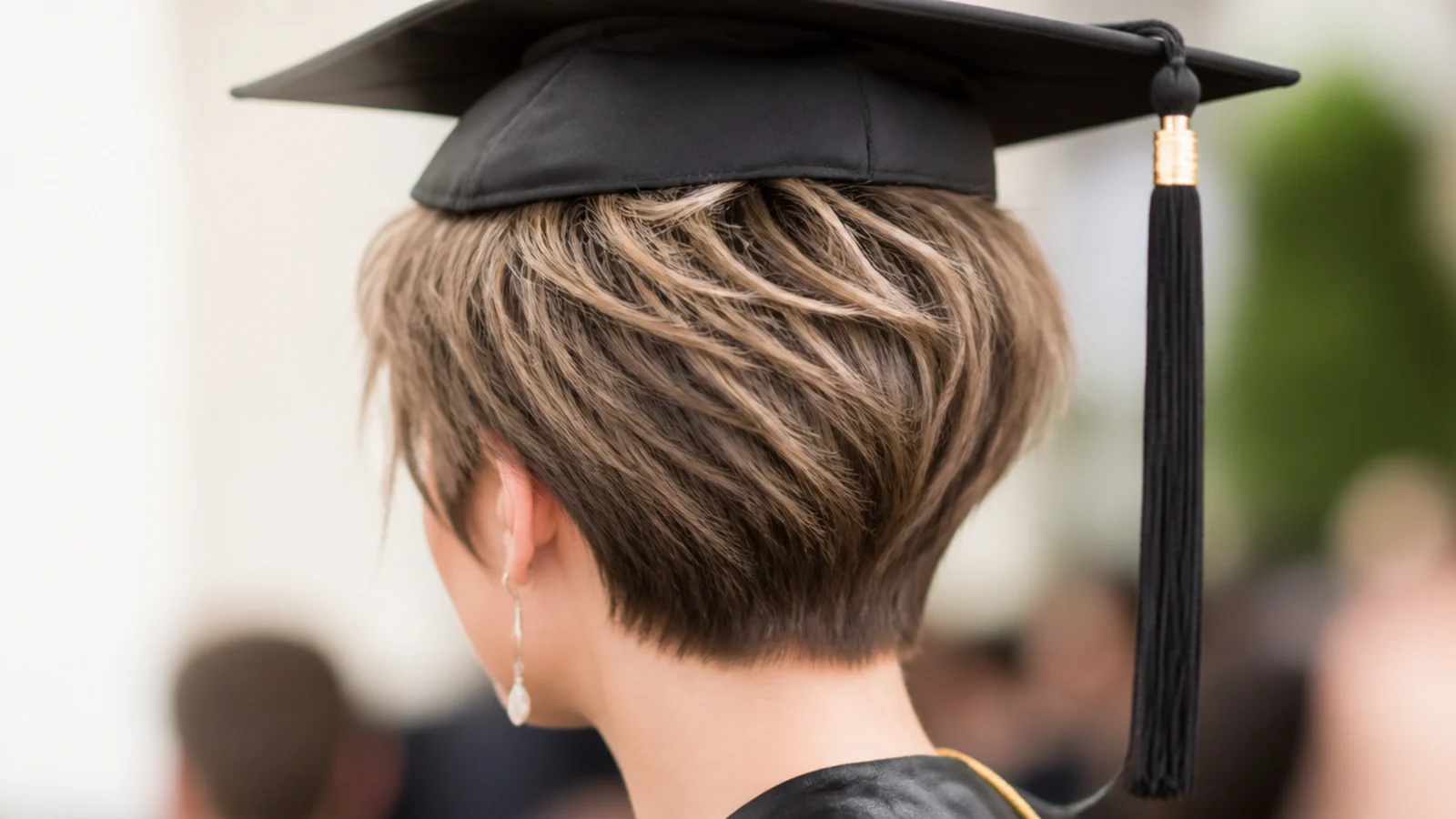 Piecey textured pixie graduation hairstyle with matte paste separating the front sections