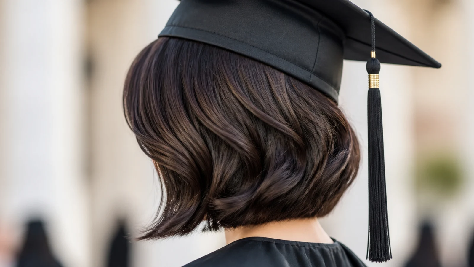 Deep side swept waves on a chin length bob styled as a graduation hairstyle under a cap