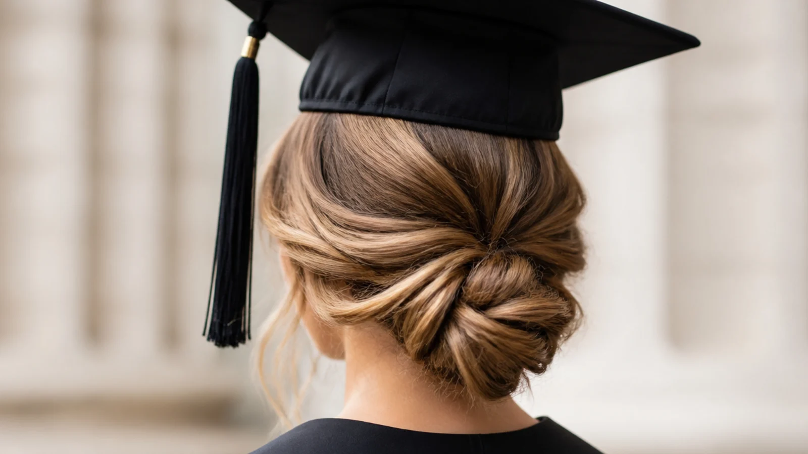 Low nape knot updo on a shoulder skimming lob styled for graduation with a cap
