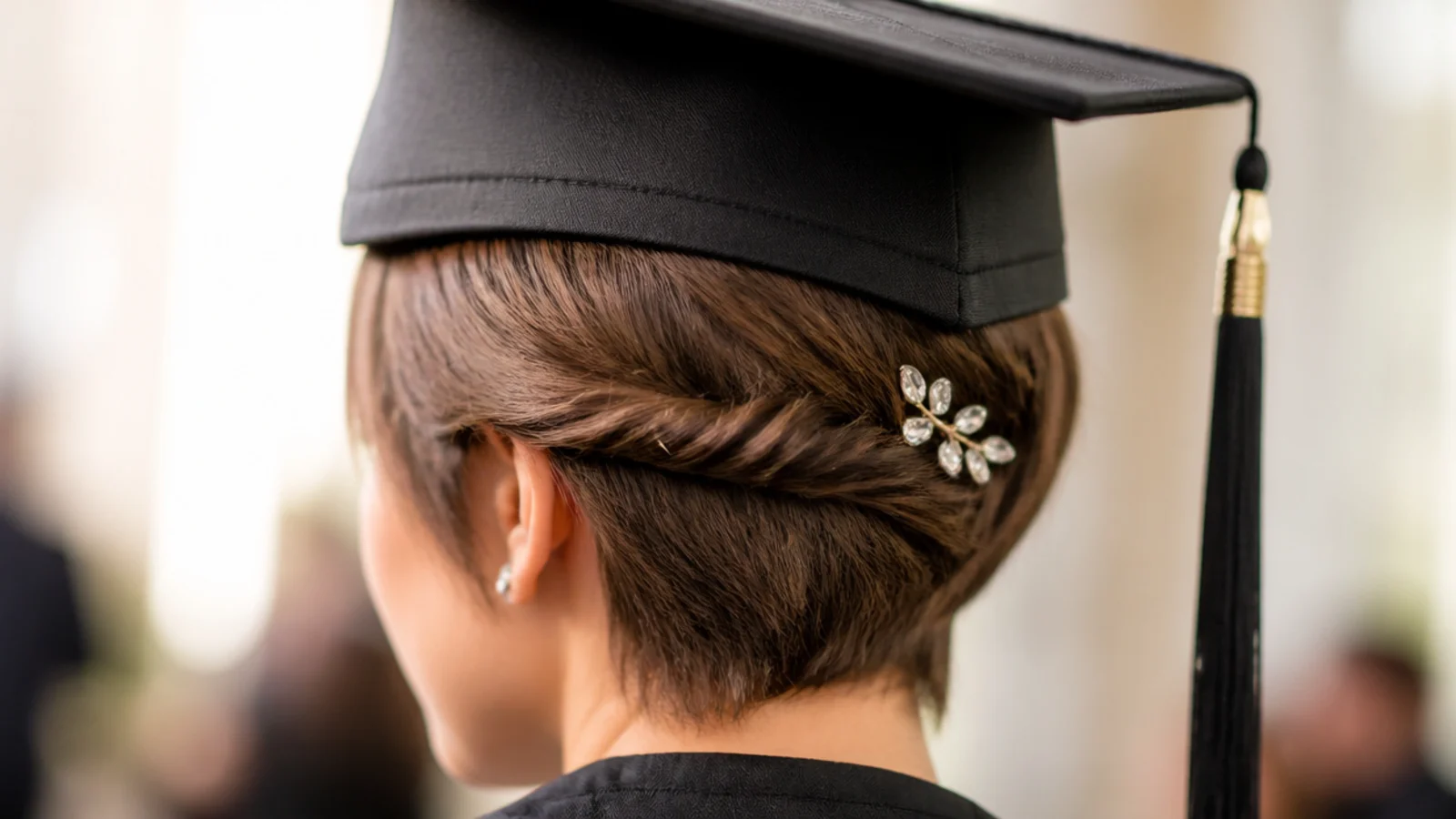 Twisted side pin back on a pixie cut with a decorative bobby pin, styled for graduation