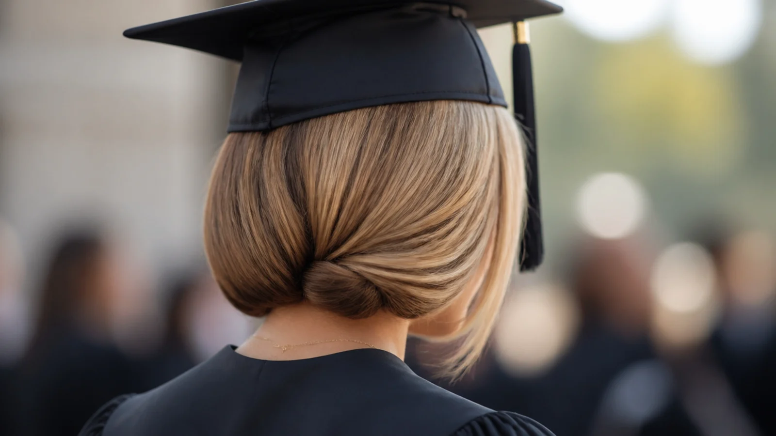 Faux bob graduation hairstyle with a lob rolled under and pinned at the jaw beneath the cap