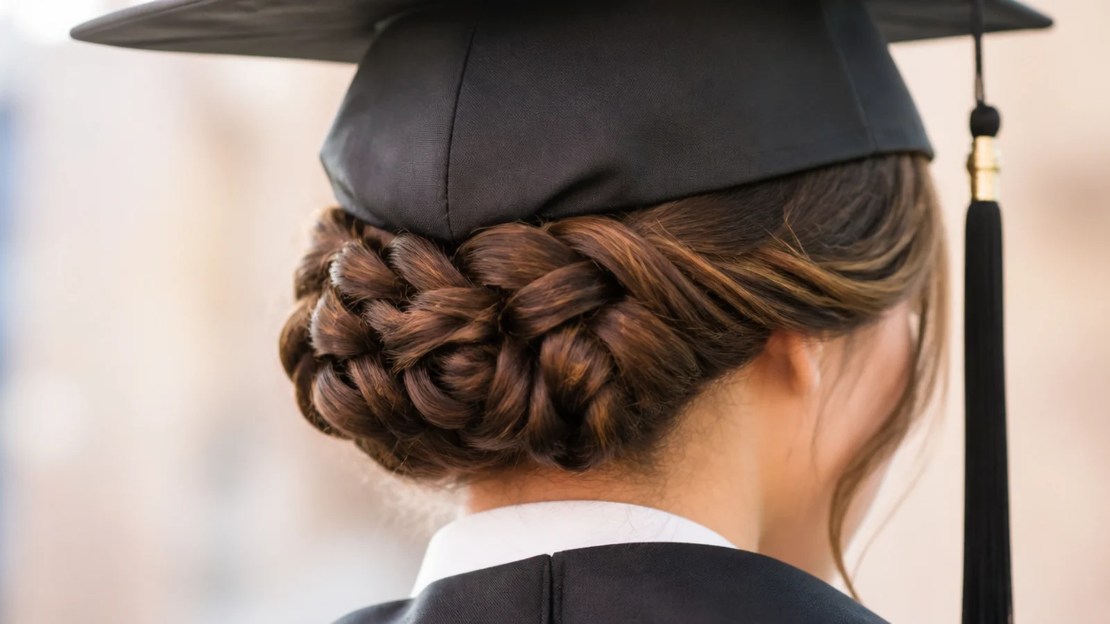 Halo braid on short hair positioned below the graduation cap line and pinned at the nape