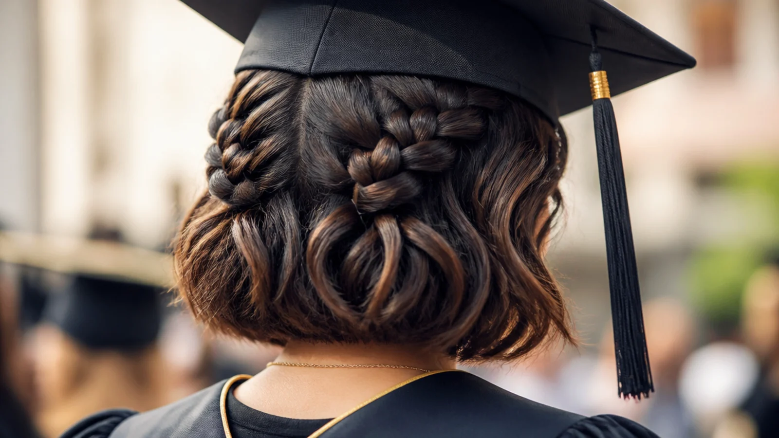 Two Dutch braids on a chin length bob ending at the nape for a graduation hairstyle