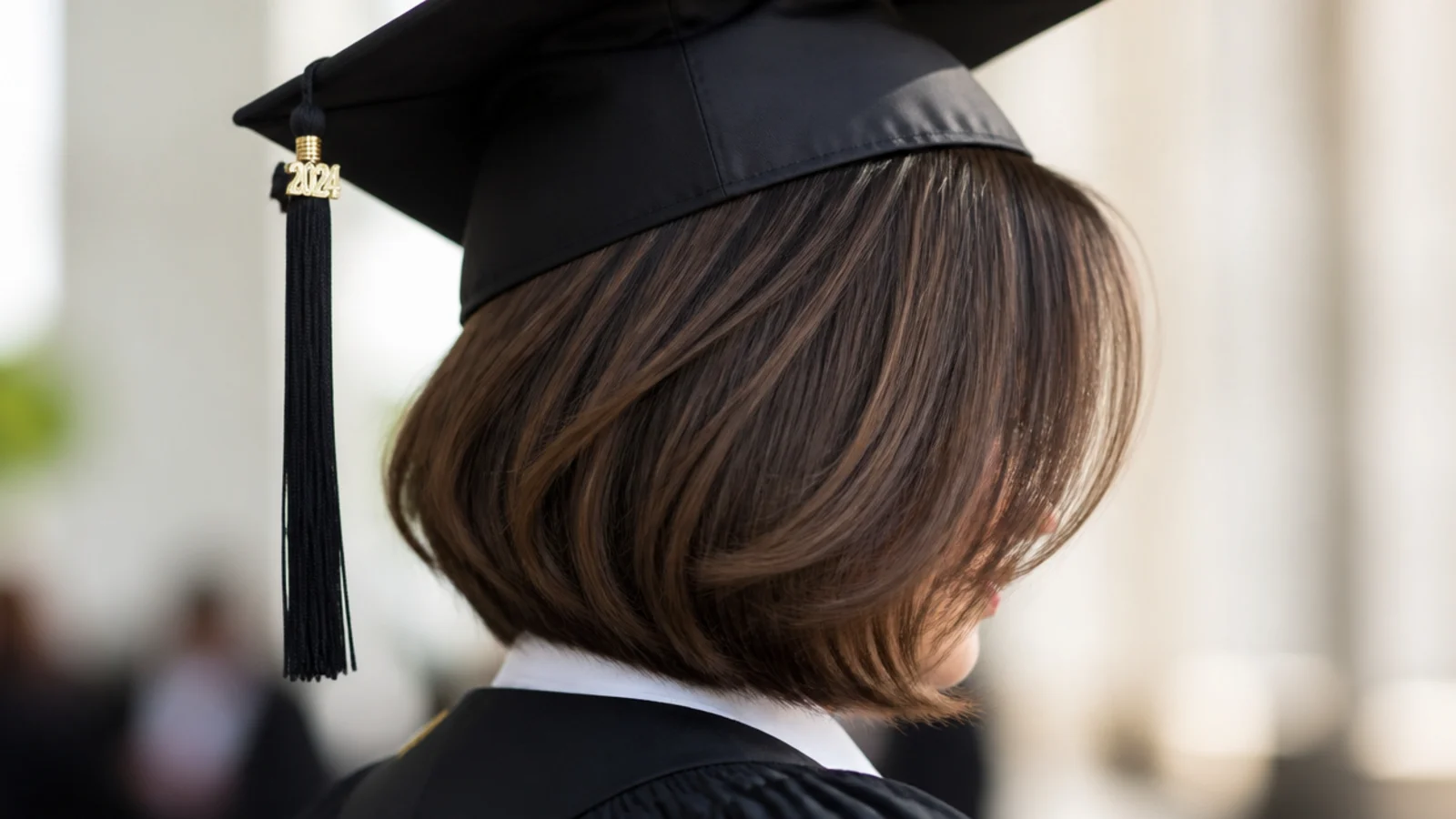 Side swept curtain bangs on a bob graduation hairstyle framing the face under the grad cap