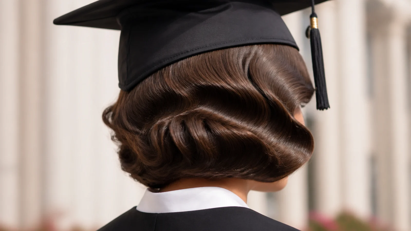 Vintage finger waves set into a short bob as a formal graduation hairstyle