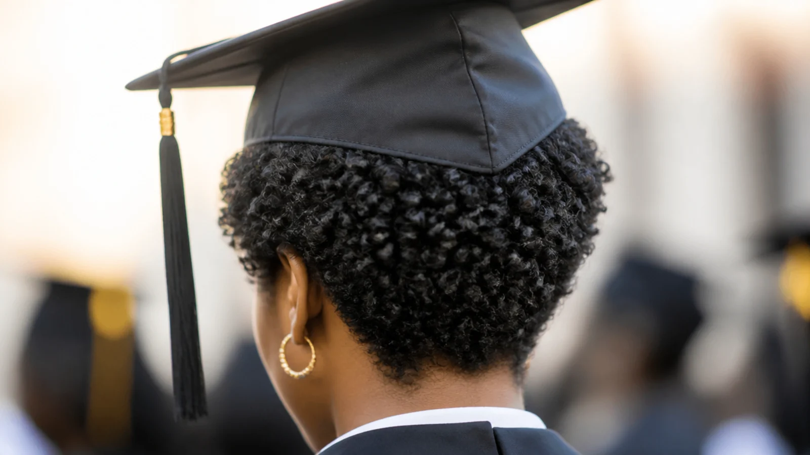 Curly pixie wash and go with defined coils styled for graduation under a mortarboard cap
