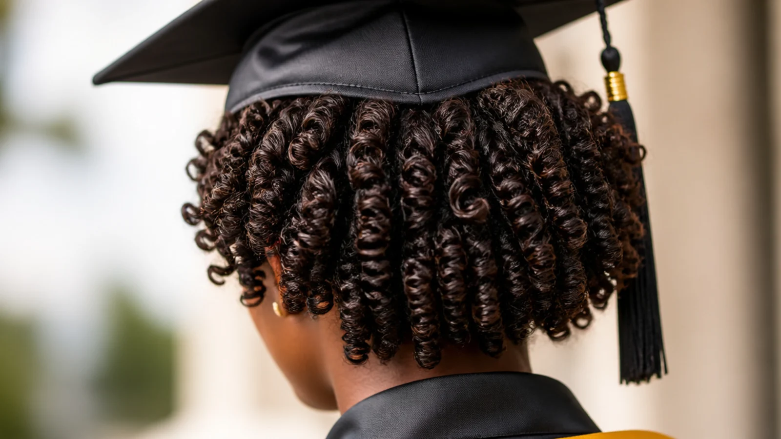 Bantu knot out on short natural hair giving defined spirals for a graduation hairstyle