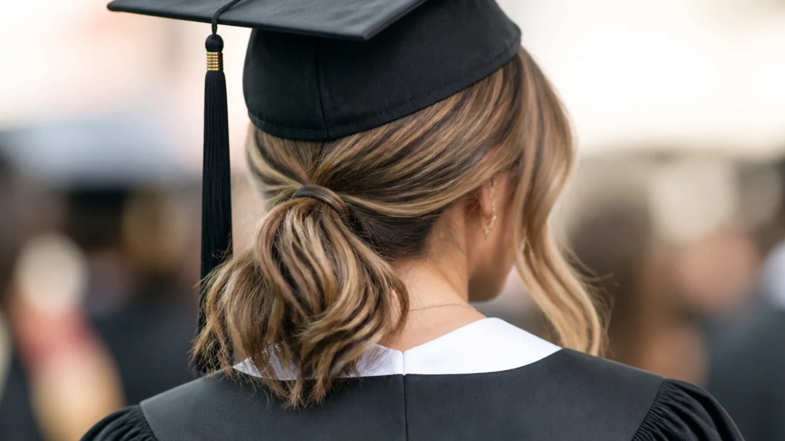 Low side ponytail on a lob sitting below the ear for a graduation hairstyle with a cap