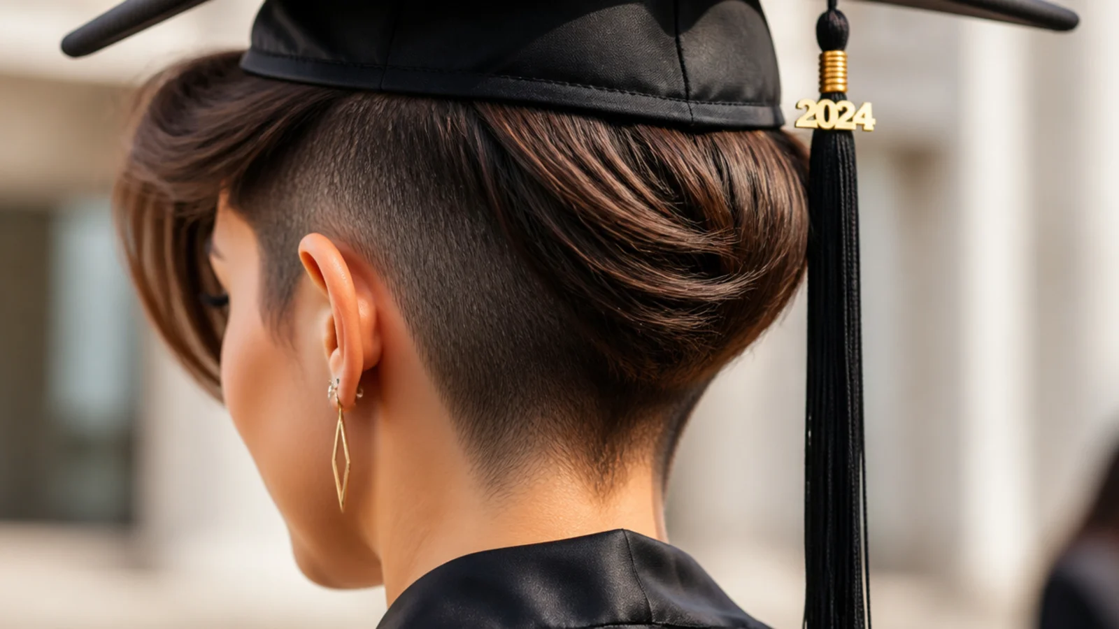 Undercut pixie with a deep side sweep over the shaved side, styled for a graduation cap