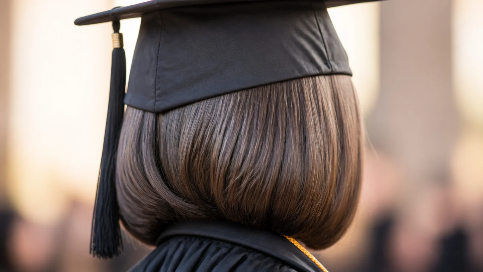 Silk pressed bob with bumped under ends styled as a graduation hairstyle beneath a cap