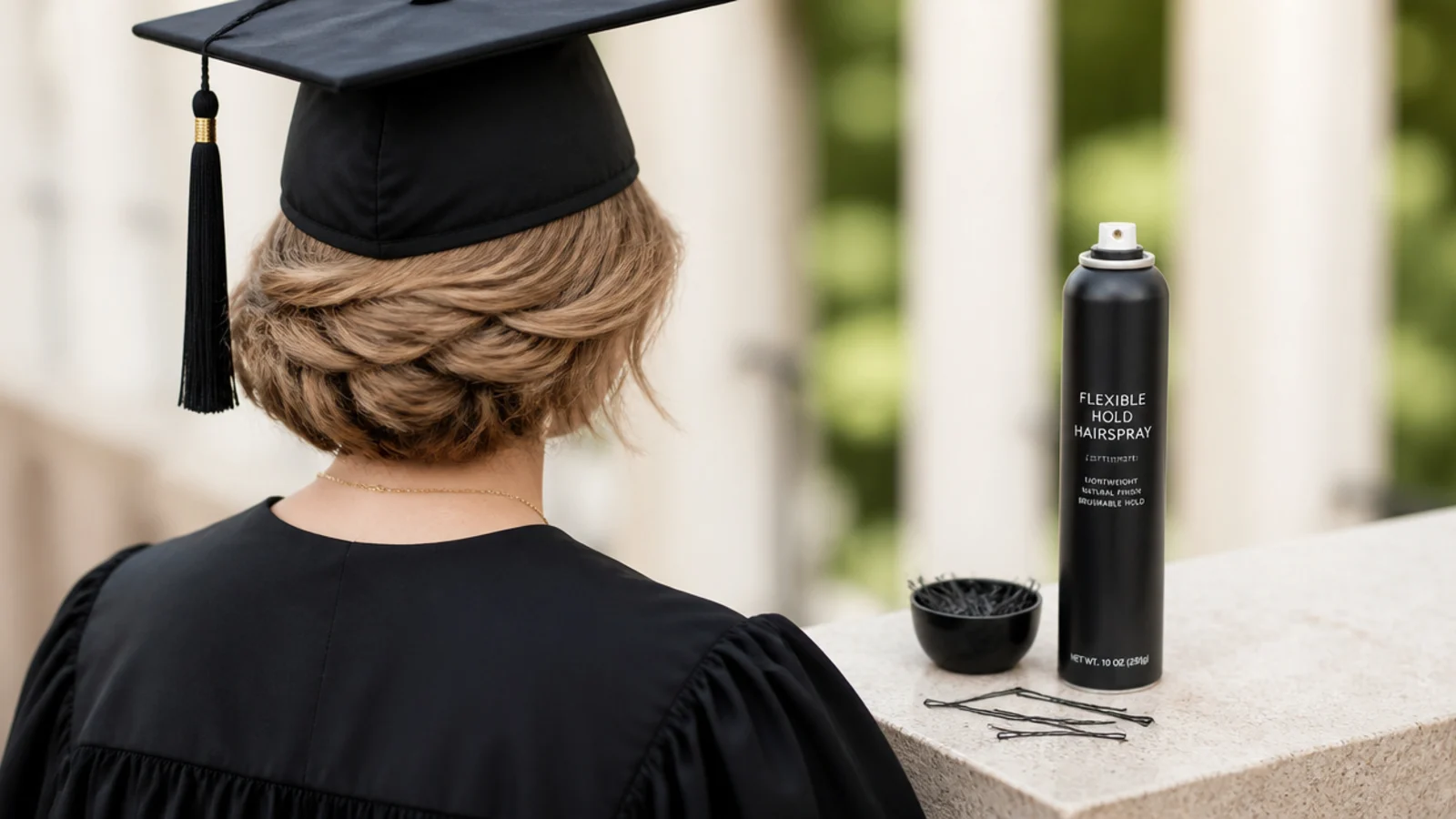 Flexible hold hairspray and bobby pins laid out for all day graduation hairstyle hold on short hair