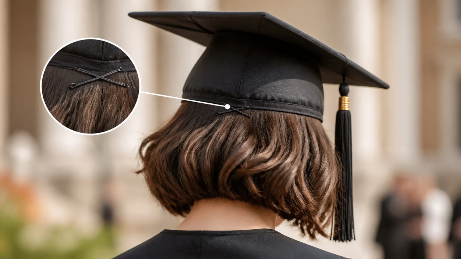 Two bobby pins crossed in an X under a graduation cap band to anchor it on short hair