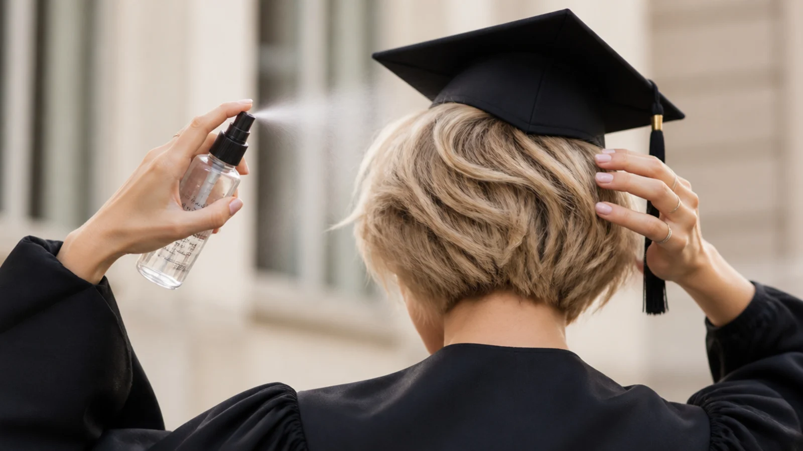Fixing a graduation cap dent in short hair with a water mist and finger fluffing at the crown