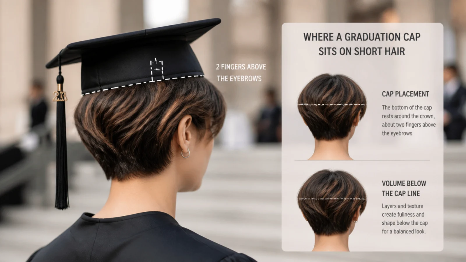 Diagram showing where a graduation cap sits on short hair, two fingers above the eyebrows on the crown