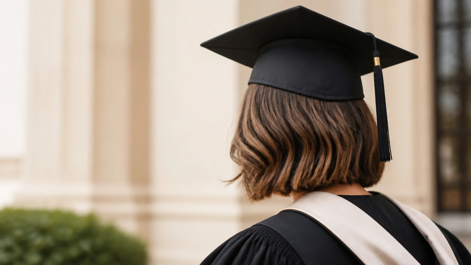 Chin length bob graduation hairstyle with side swept waves under a black mortarboard cap