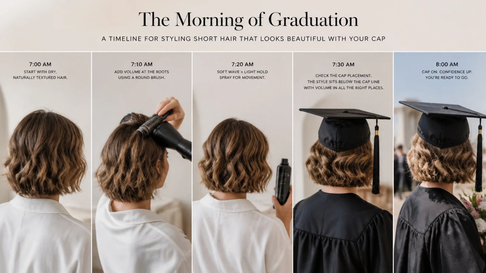 Morning timeline for styling short hair before a graduation ceremony with cap and gown ready