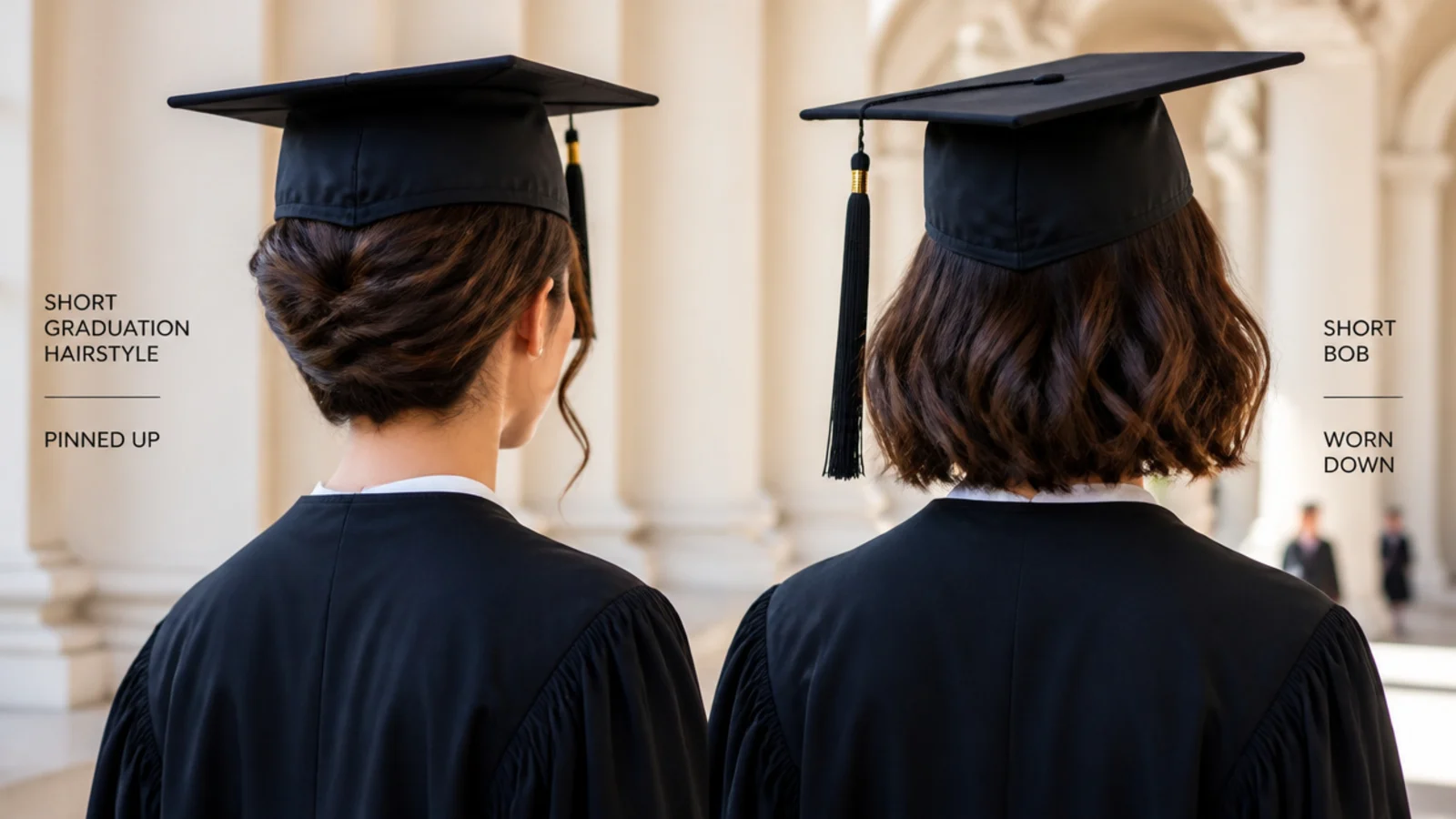 Side by side comparison of a pinned back short graduation hairstyle and a bob worn down under a cap