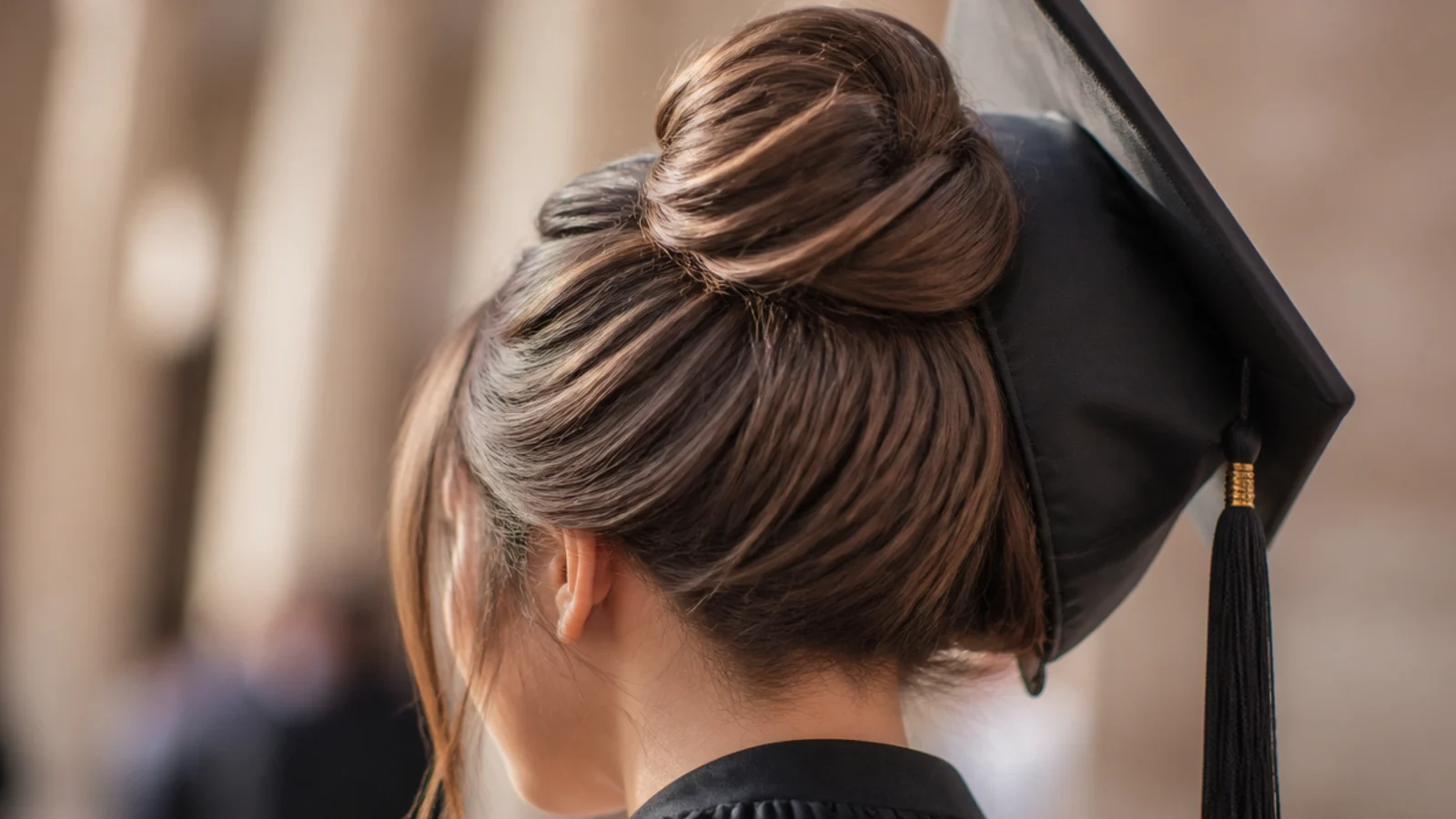 High topknot graduation hairstyle sitting on the crown with a graduation cap tilting backward off the head