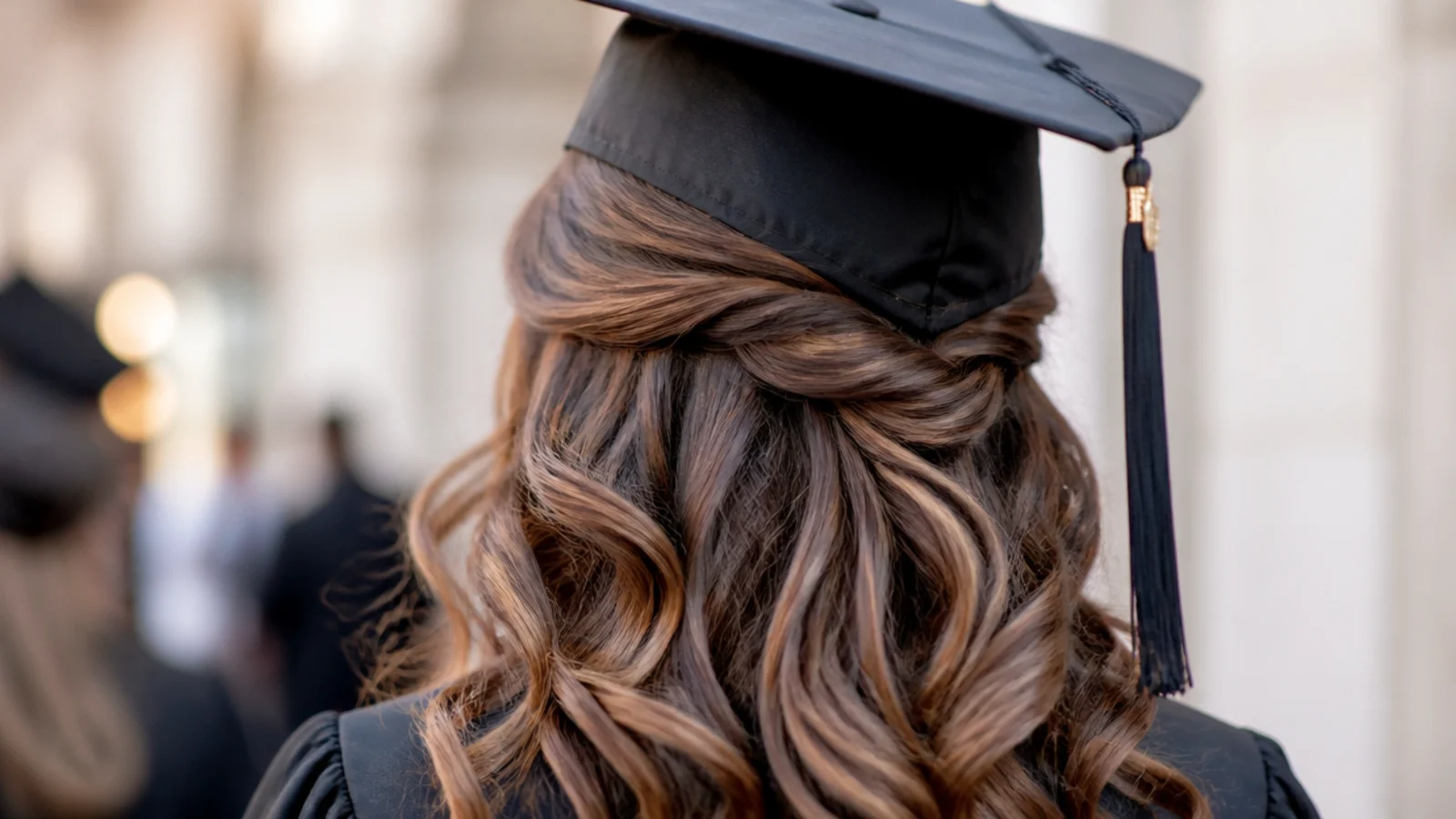 Half up half down graduation hairstyle with one inch barrel curls falling below a mortarboard cap
