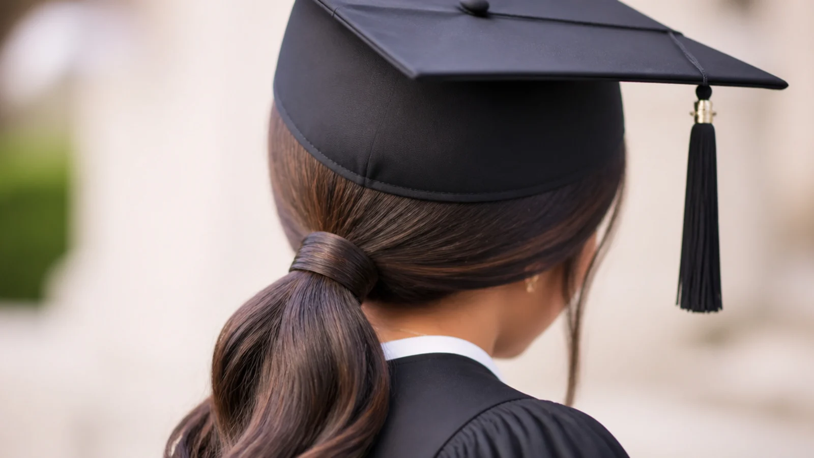 Sleek low graduation ponytail with a smoothed crown and a section of hair wrapped over the elastic