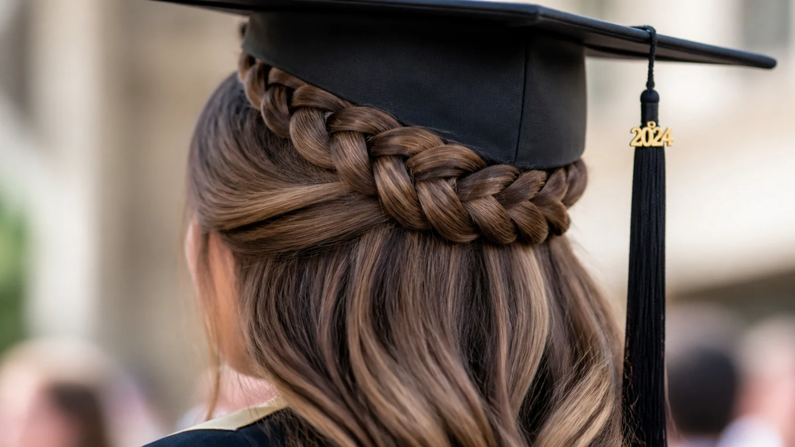 Dutch crown braid graduation hairstyle running over the top of the head where the cap band presses