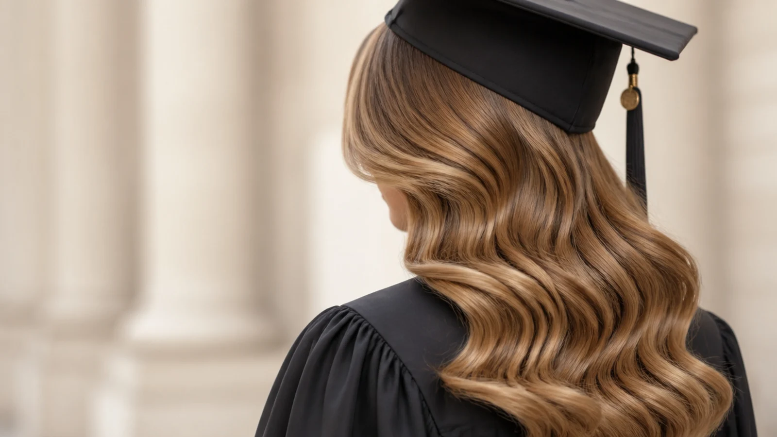 Side swept Hollywood waves graduation hairstyle brushed over one shoulder with a deep side part