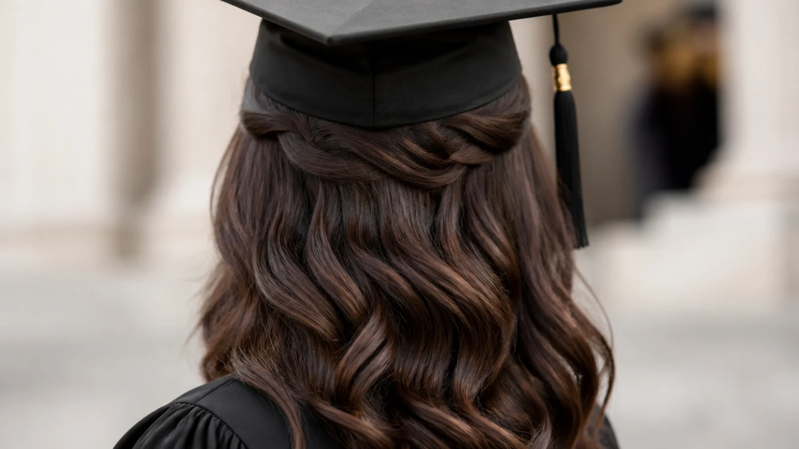 Overnight heatless curls graduation hairstyle with dropped waves and crown volume crushed by a cap