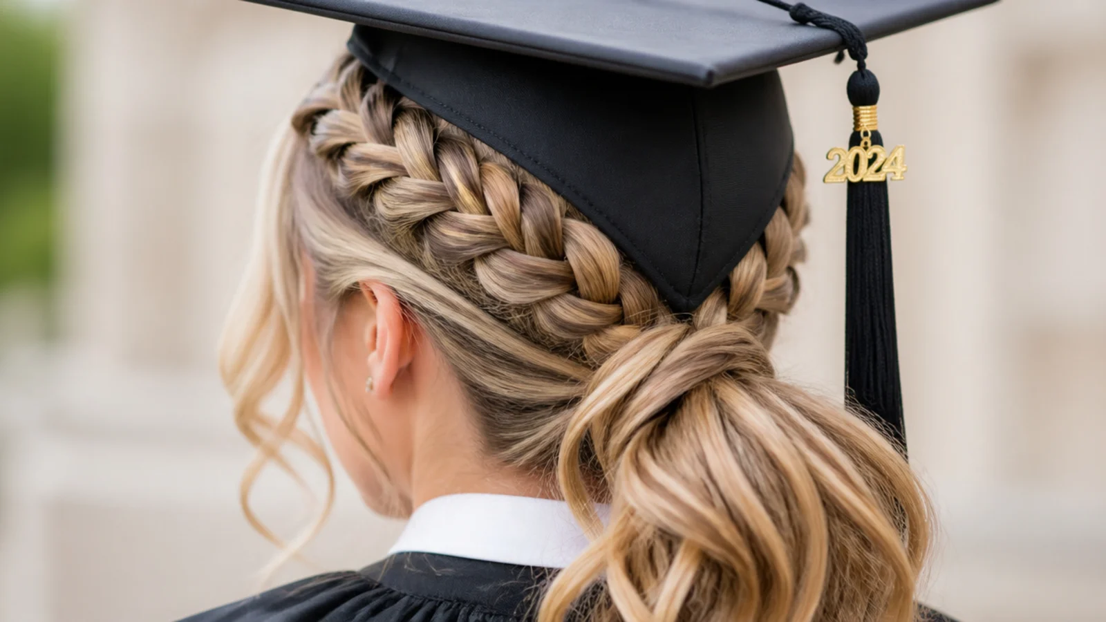 Two Dutch braids running from the front hairline into a low graduation ponytail under a cap