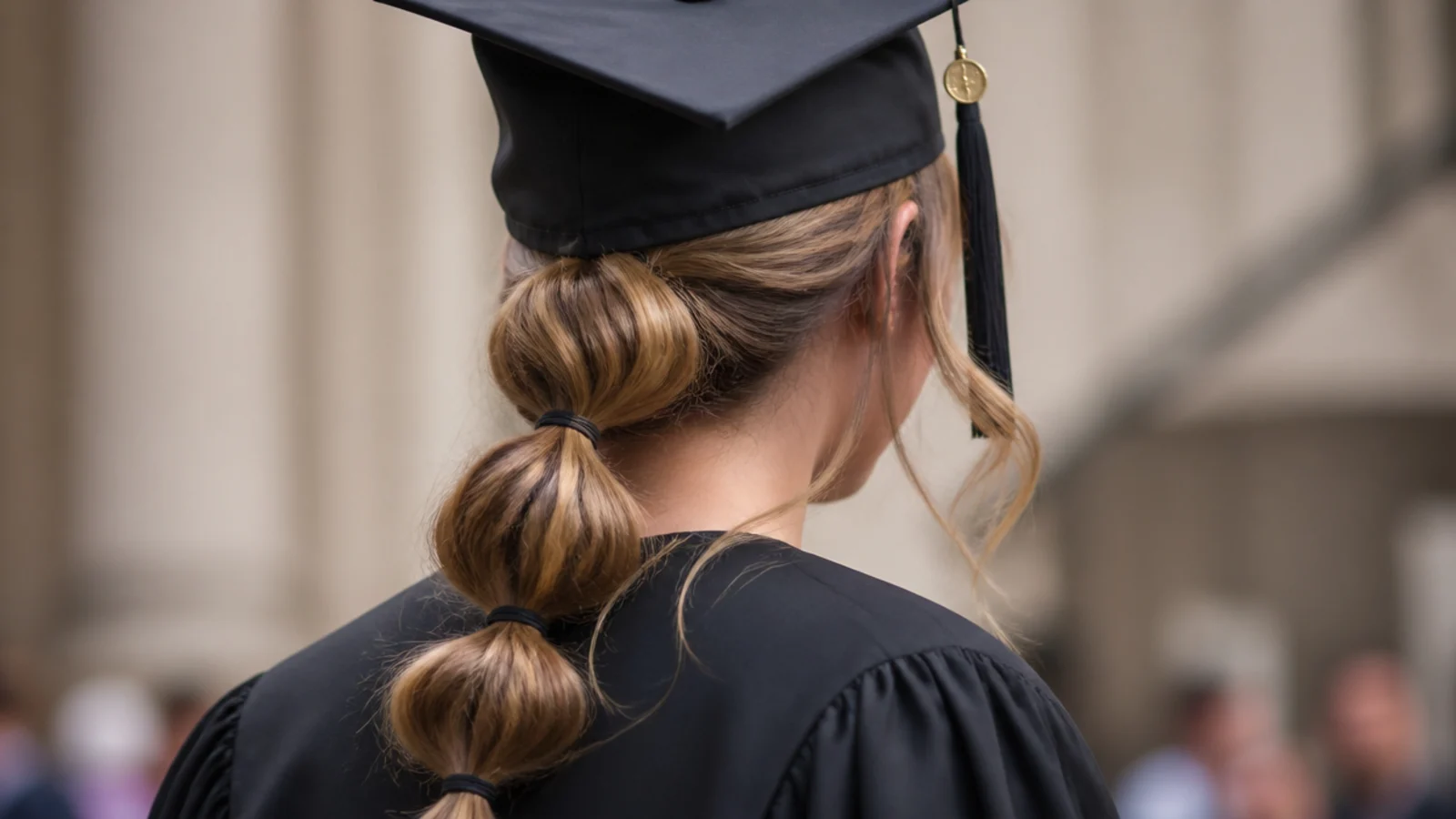 Low bubble ponytail graduation hairstyle with clear elastics spaced two inches apart below the cap
