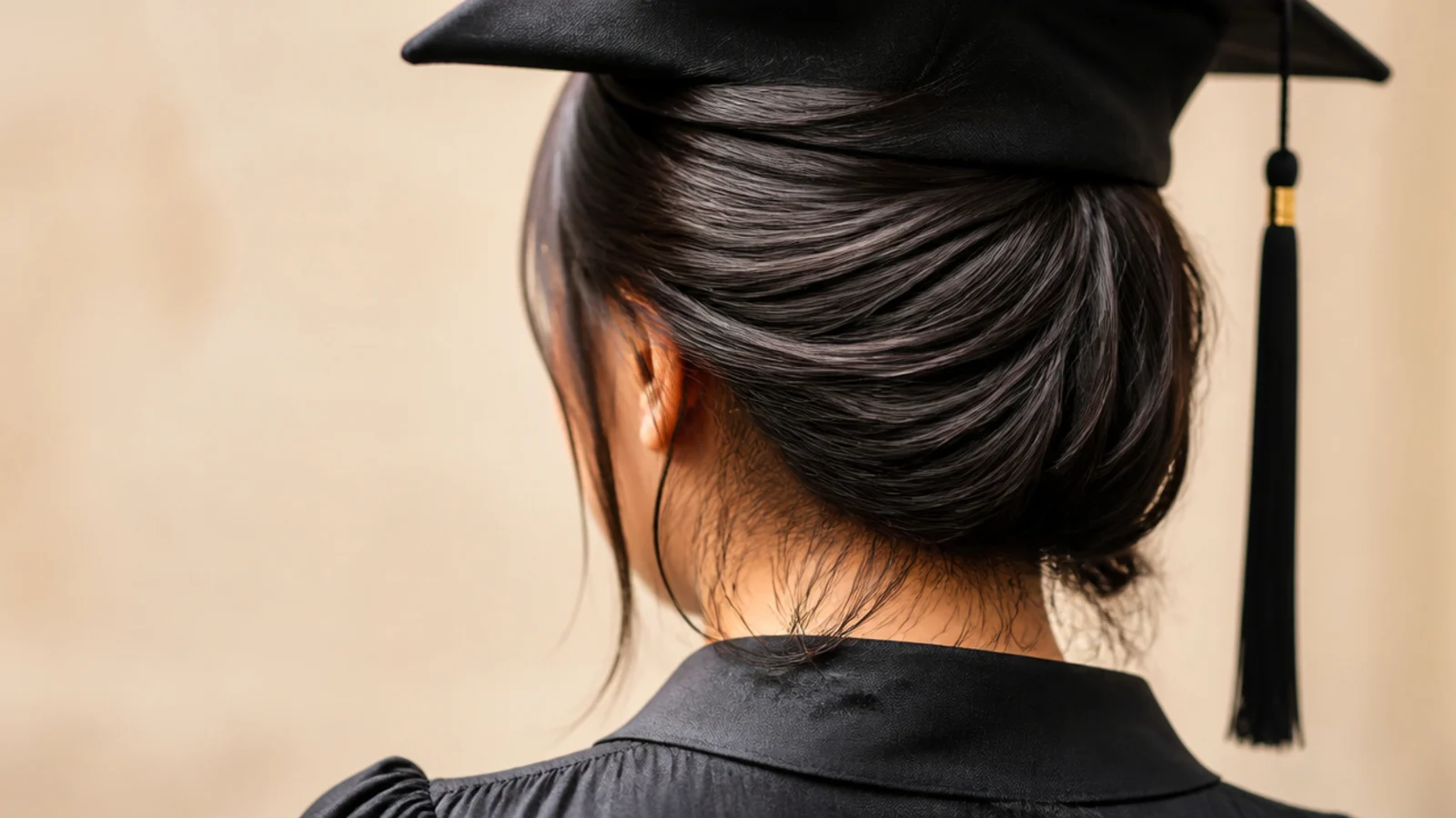 Wet look middle part graduation hairstyle with damp ends leaving a mark on a gown collar