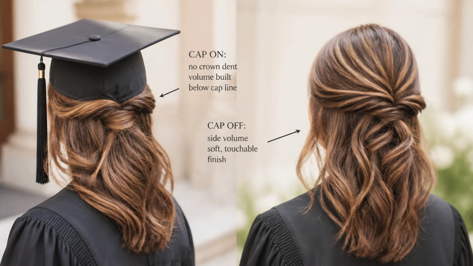 Cap on and cap off comparison of a graduation hairstyle showing side volume and no crown dent