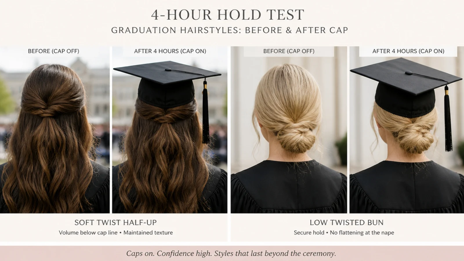 Four hour hold test comparing graduation hairstyles before and after wearing a mortarboard cap