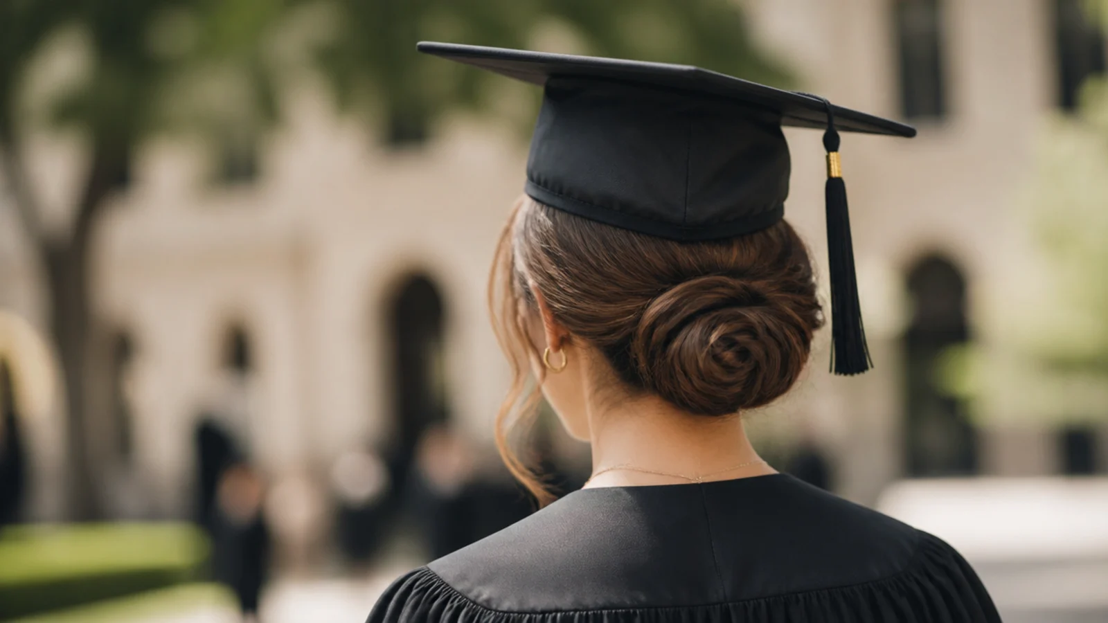 Graduate in a low chignon under a black mortarboard cap after four hours, tested graduation hairstyle