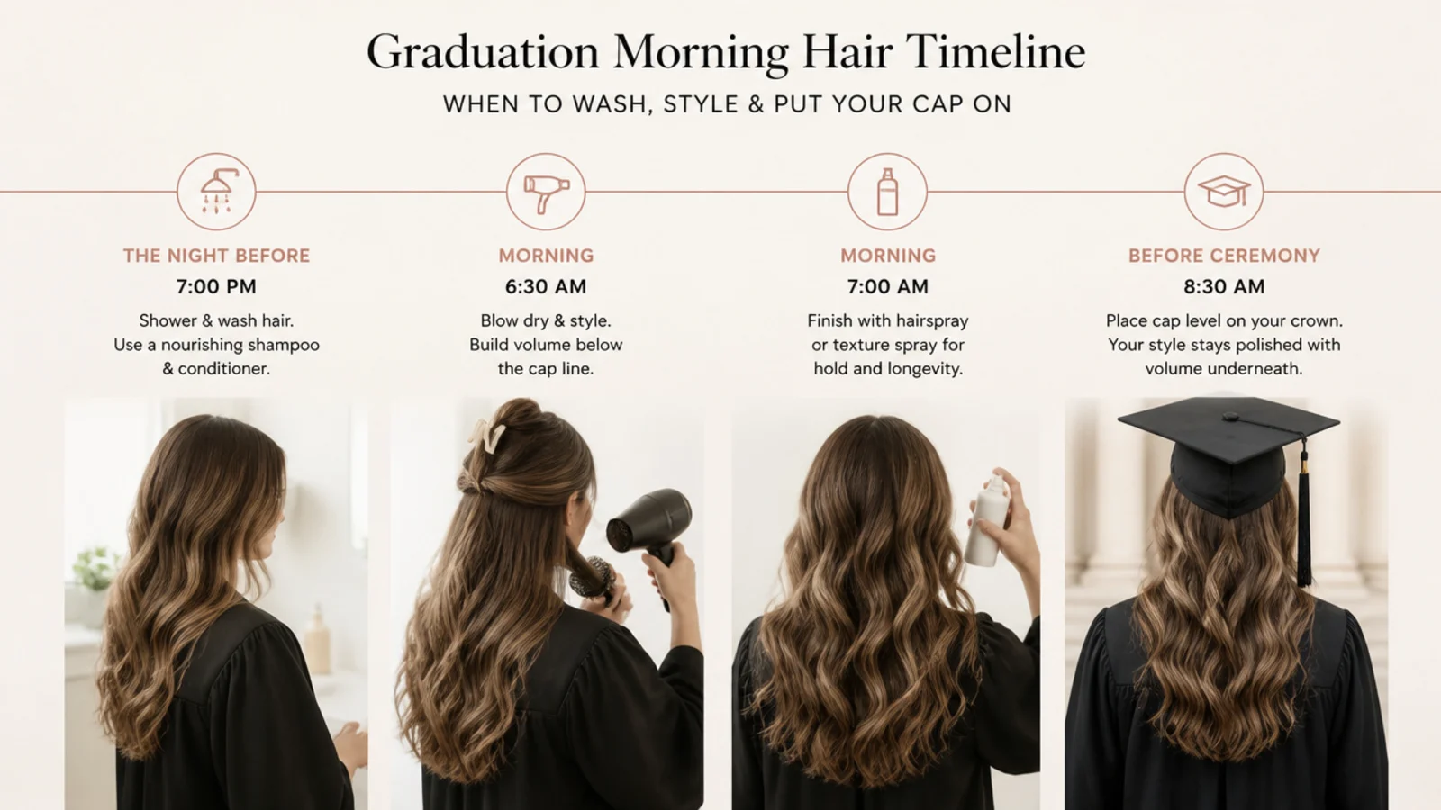 Graduation morning hair timeline showing when to wash style and put the cap on before the ceremony