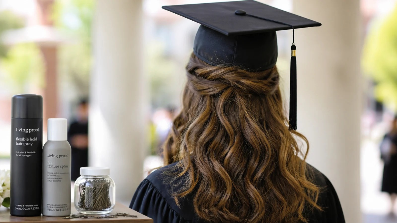 Products used to test graduation hairstyles including bobby pins flexible hold hairspray and texture spray