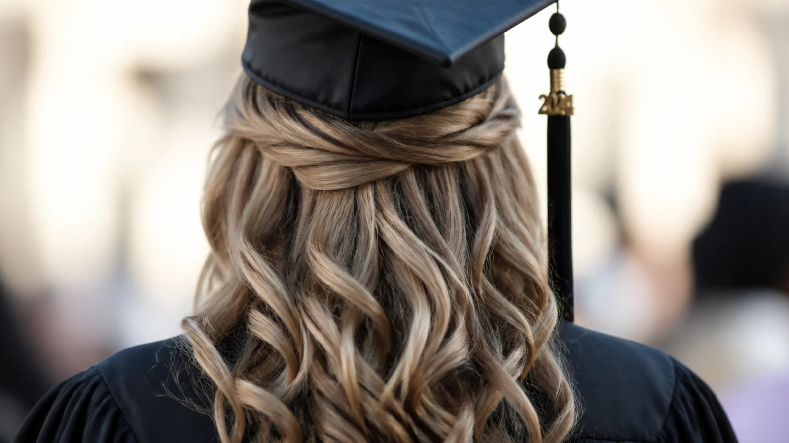 Half up half down graduation hairstyle with cap over a flat pinned top section and curled lengths