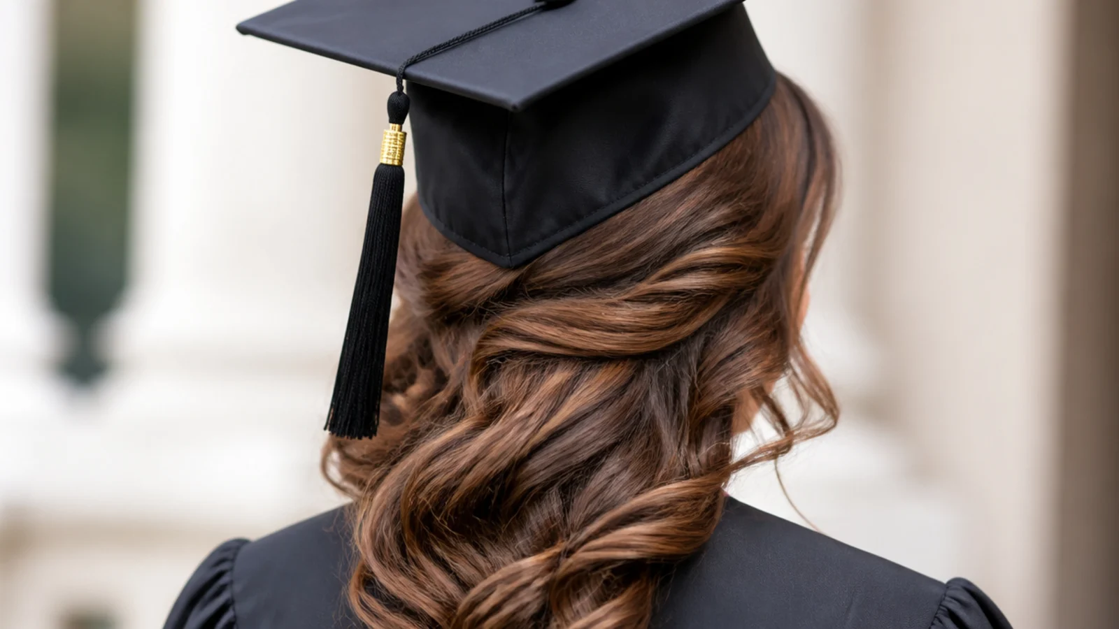 Side swept waves graduation hairstyle with cap and loose curls draped over one shoulder