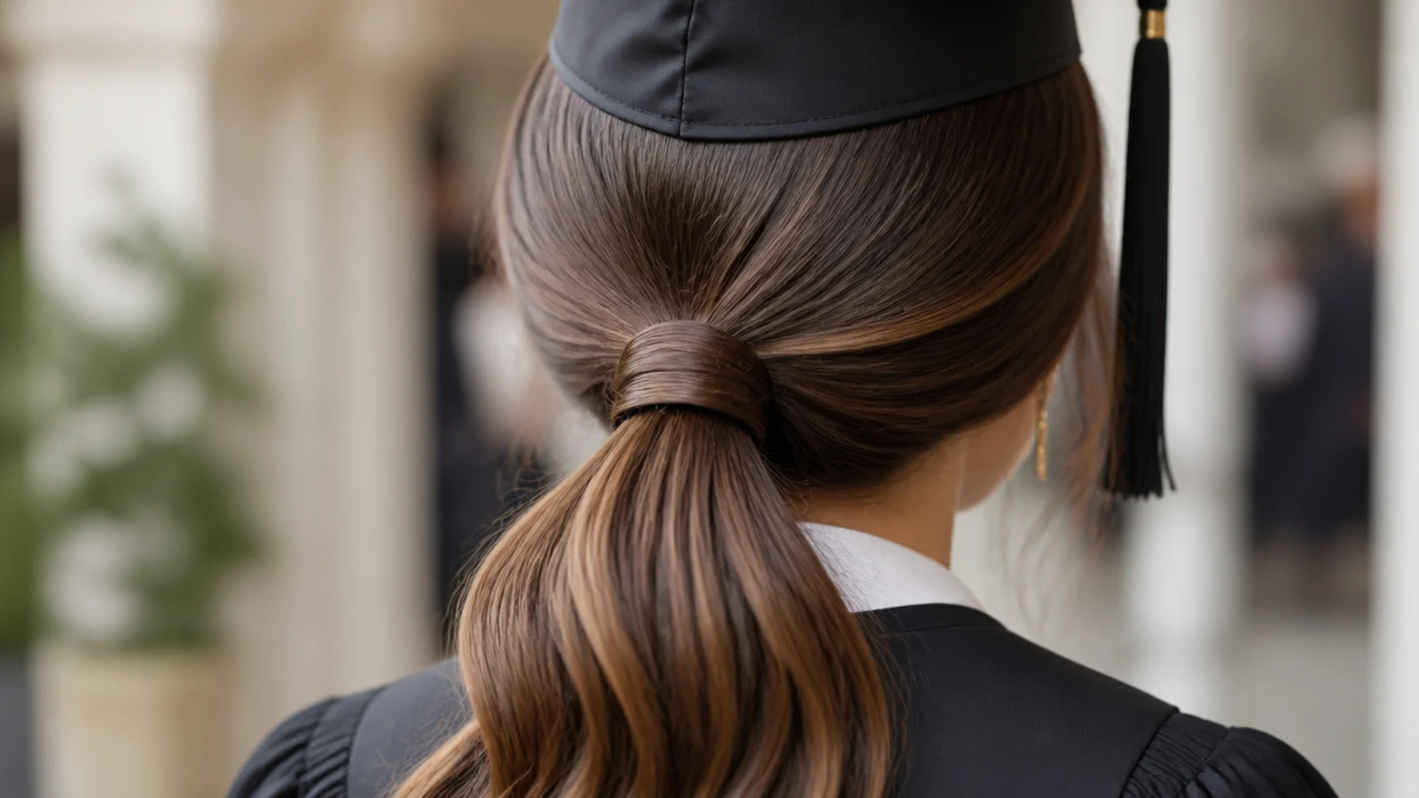 Sleek low ponytail graduation hairstyle with cap tied at the occipital bone with a wrapped hair tie