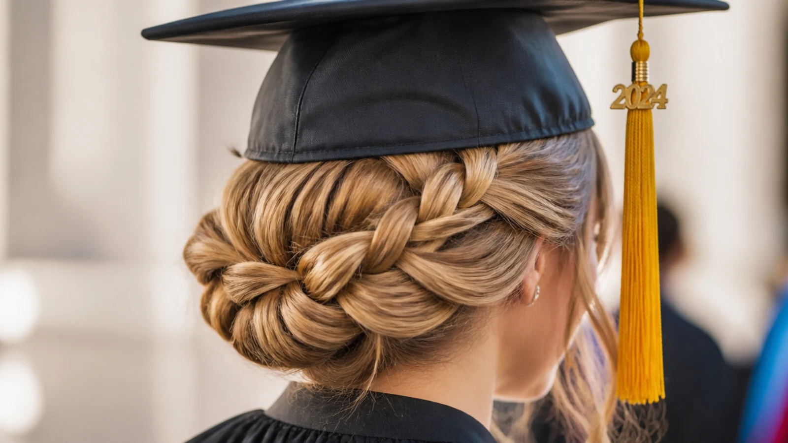 Dutch crown braid graduation hairstyle with cap resting above a braid wrapped low around the head