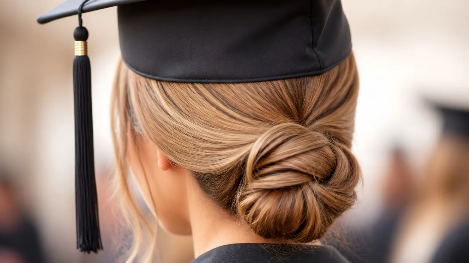 Low twisted bun graduation hairstyle with cap on fine hair with texture spray at the roots