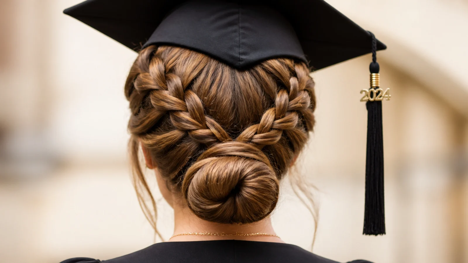 Two Dutch braids graduation hairstyle with cap feeding into a single low bun at the nape