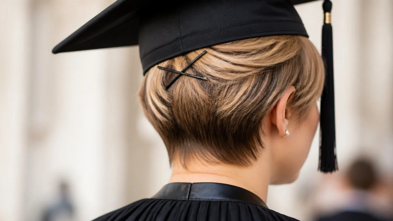 Pixie cut graduation hairstyle with cap anchored using two bobby pins crossed under the band