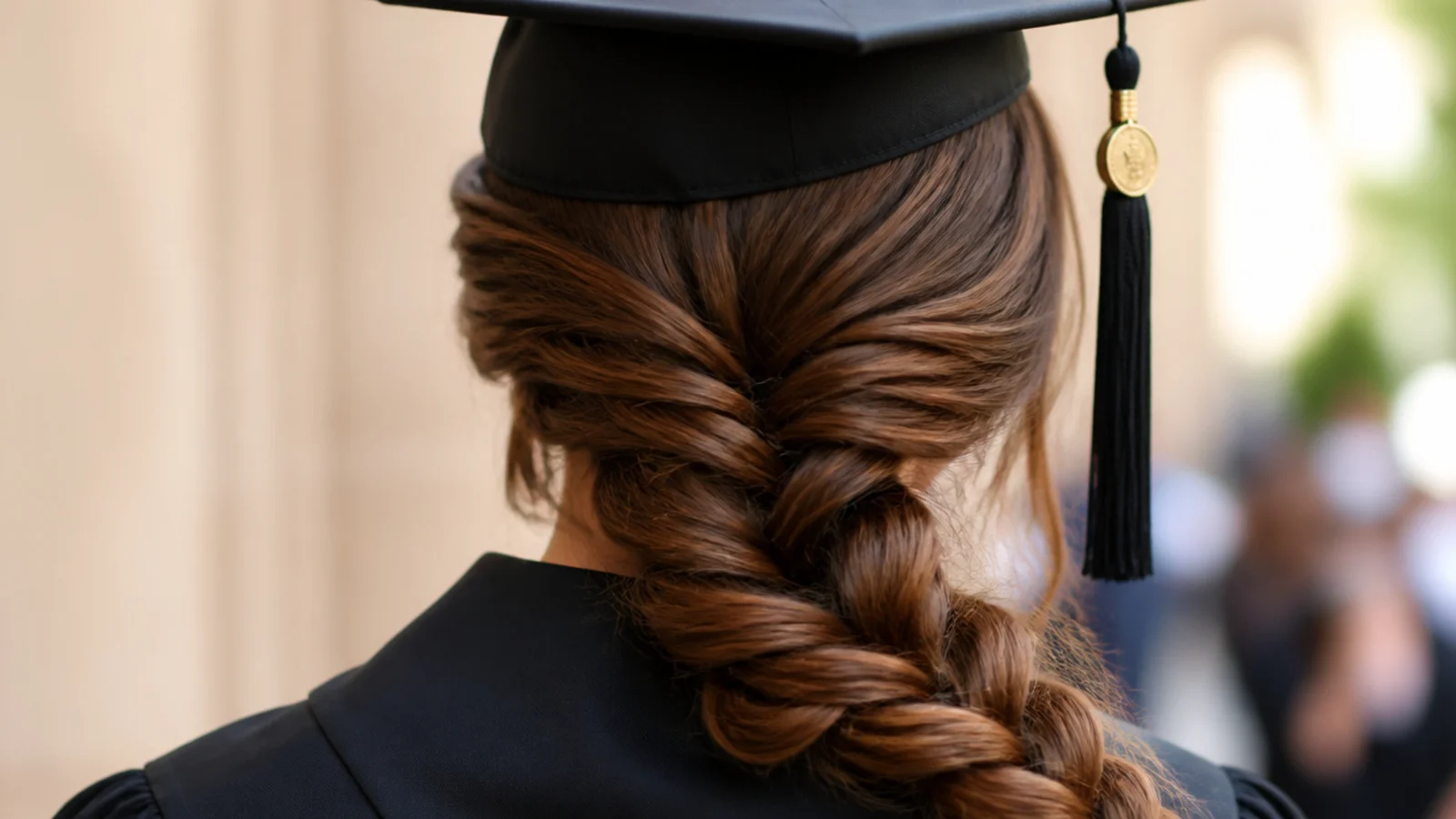 Low fishtail braid graduation hairstyle with cap and the braid draped over one shoulder