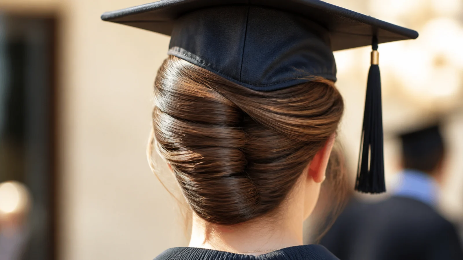 French twist graduation hairstyle with cap and a vertical roll pinned flat below the cap band