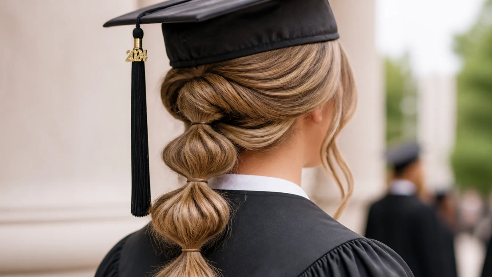 Half up bubble ponytail graduation hairstyle with cap and segmented bubbles starting below the cap band