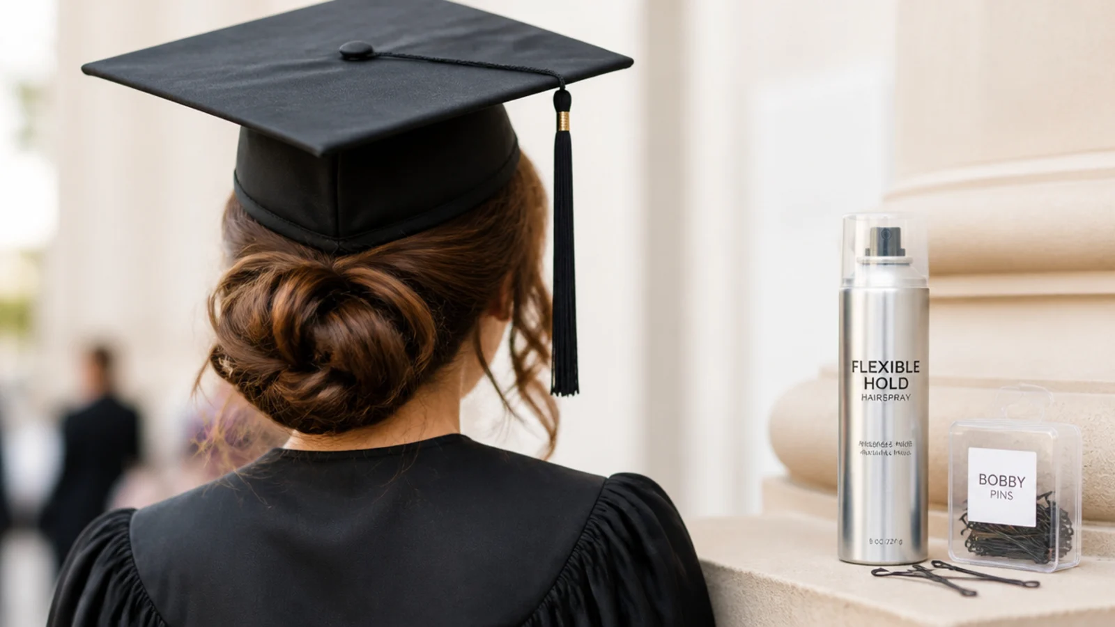Flexible hold hairspray and bobby pins laid out for all day graduation hairstyles with cap