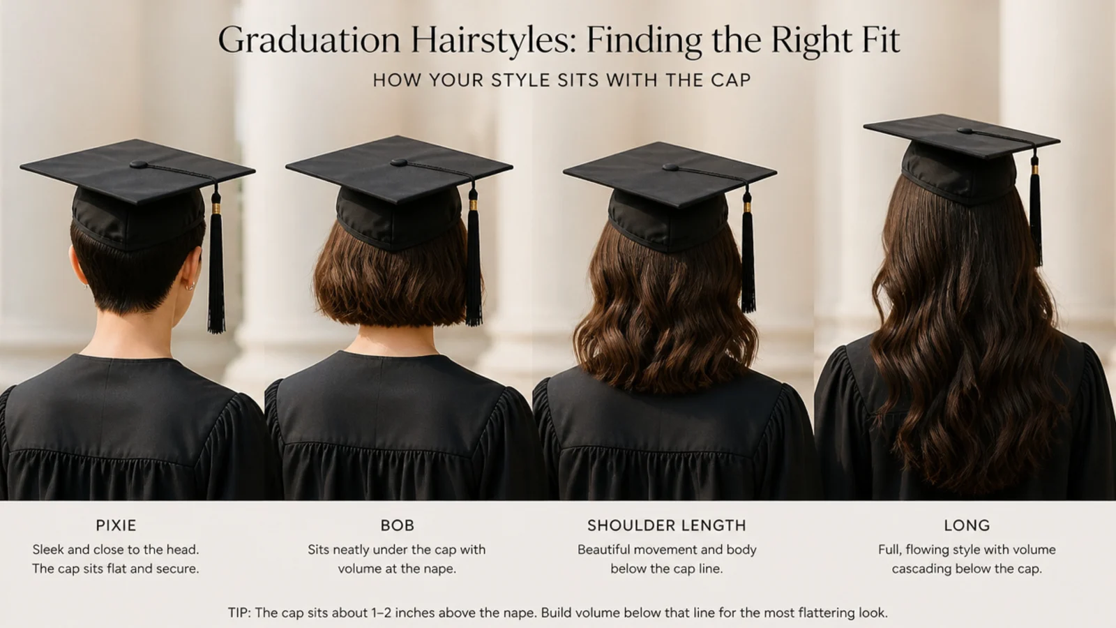 Graduation hairstyles with cap compared across pixie, bob, shoulder length and long hair
