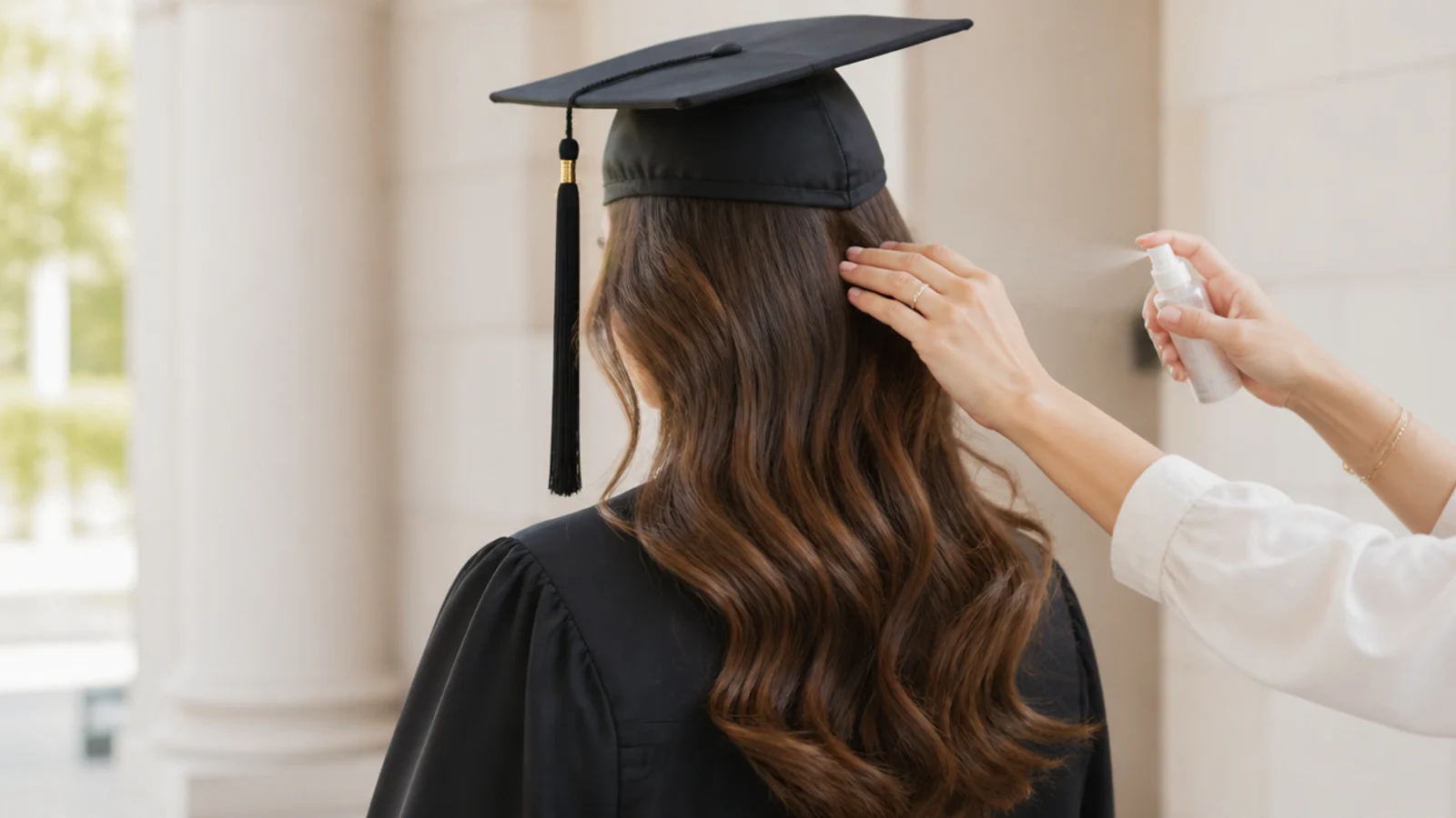 Fixing graduation cap hair dent by misting water and finger combing the crown before photos