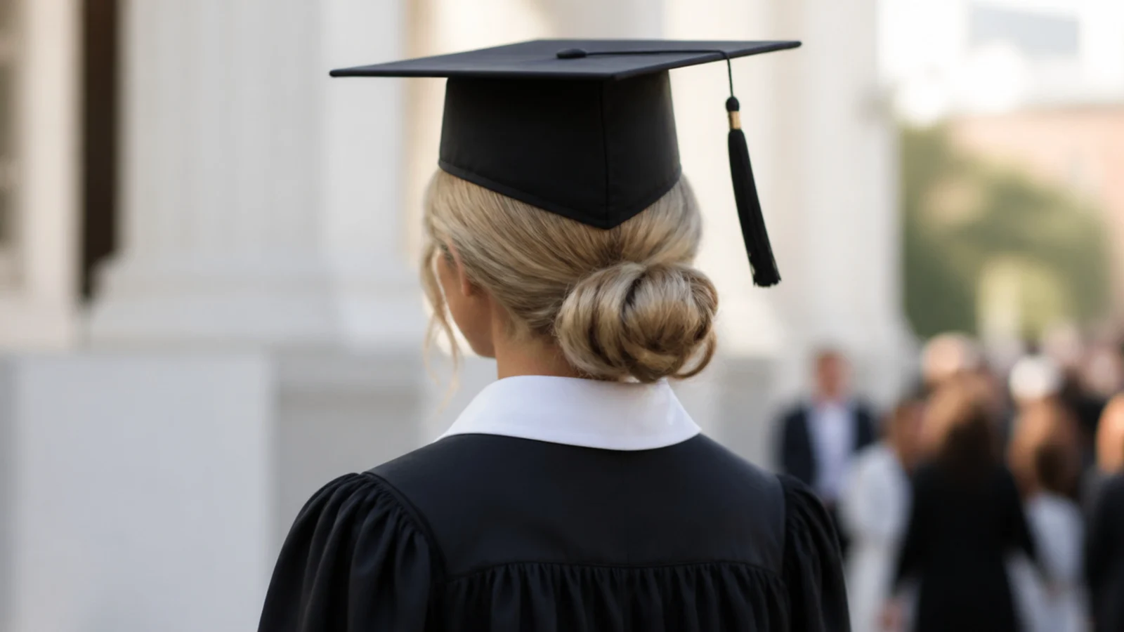 Graduation hairstyle with cap: low chignon at the nape with the mortarboard sitting flat on the crown