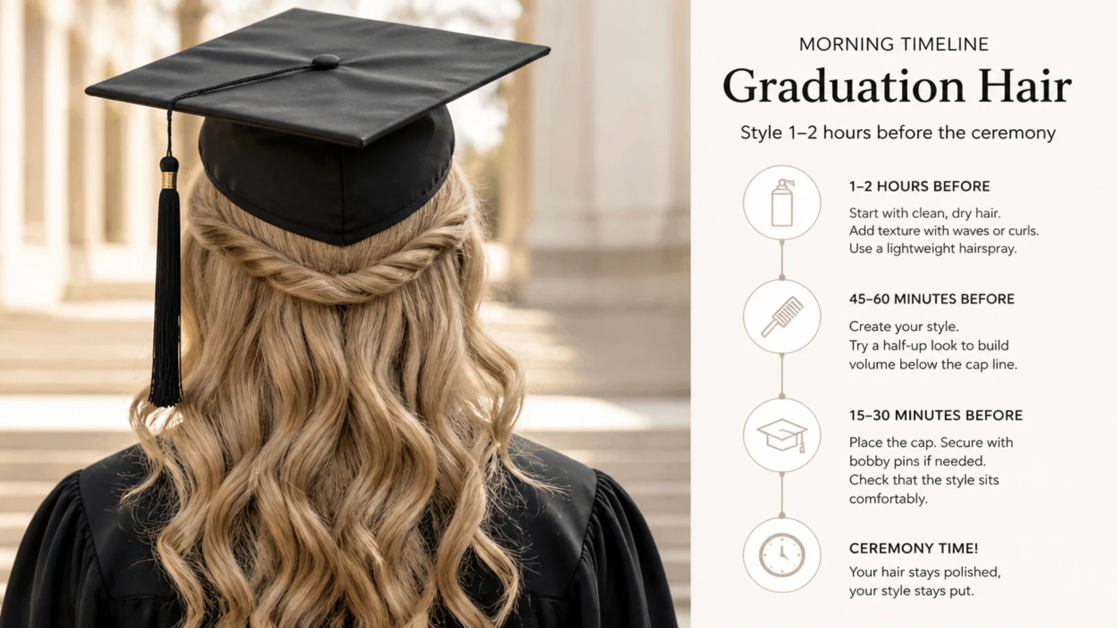 Morning timeline for graduation hairstyles with cap showing styling one to two hours before